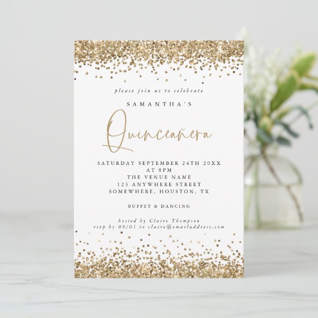 Eleganter Gold Glitzer Quinceañera 15. Party Einladung (Stehend Vorderseite)