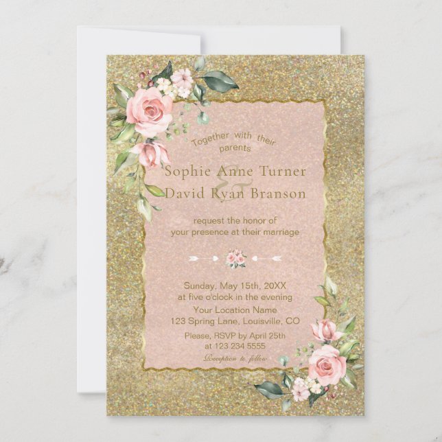 Eleganter Gold Glitzer Rosa Blush Bloral Wedding Einladung (Vorderseite)