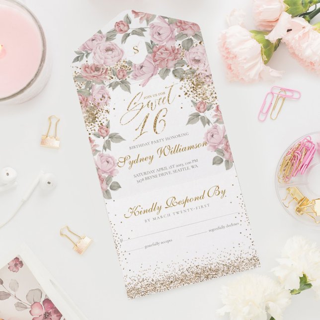 Eleganter Gold Glitzer Rosa Peony Sweet 16 Geburts All In One Einladung (Von Creator hochgeladen)