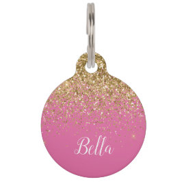 Eleganter Gold Glitzer Rosa Personalisiert Pet ID- Haustiermarke