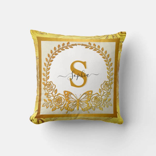 Eleganter Gold Glitzer Schmetterling und Blume Kissen (Vorderseite)