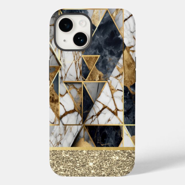 Eleganter Gold Glitzer Schwarzer Marmor Geometrisc Case-Mate iPhone 14 Hülle (Rückseite)