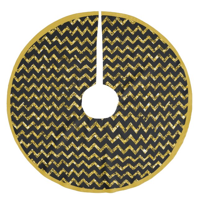 Eleganter Gold Glitzer Schwarzer Zickzack Streifen Polyester Weihnachtsbaumdecke (Vorderseite)