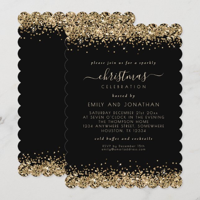 Eleganter Gold Glitzer Schwarzes Weihnachtsfest Pa Einladung (Vorne/Hinten)
