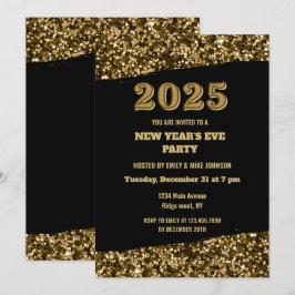 Eleganter Gold Glitzer Silvester Black 2025 Einladung