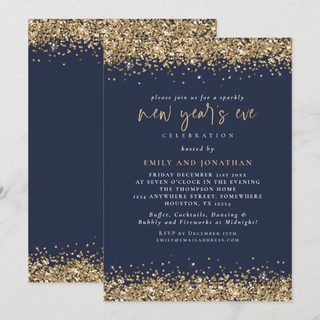 Eleganter Gold Glitzer Silvester Navy Blue Einladung (Vorne/Hinten)