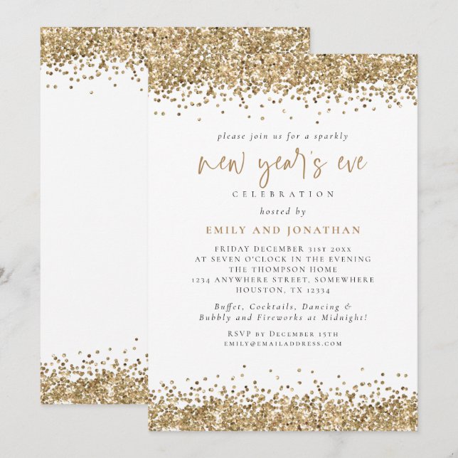 Eleganter Gold Glitzer Silvester White Einladung (Vorne/Hinten)