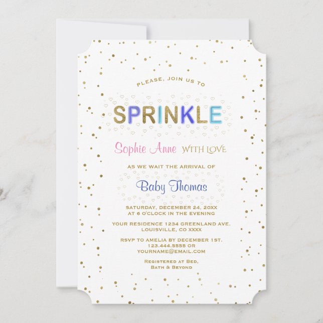 Eleganter Gold Glitzer SPRINKLE Kinderdusche Einladung (Vorderseite)