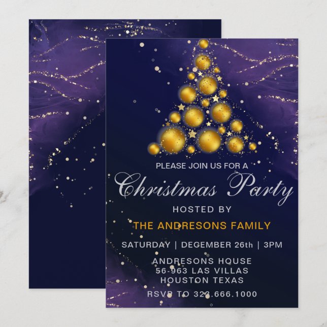 Eleganter Gold Glitzer Tree Blue Weihnachts-Party Einladung (Vorne/Hinten)