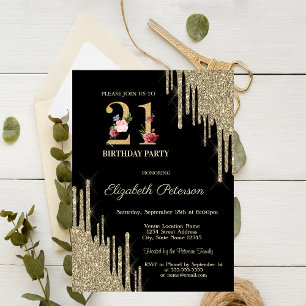 Eleganter Gold Glitzer Tropfen Black 21. Geburtsta Einladung