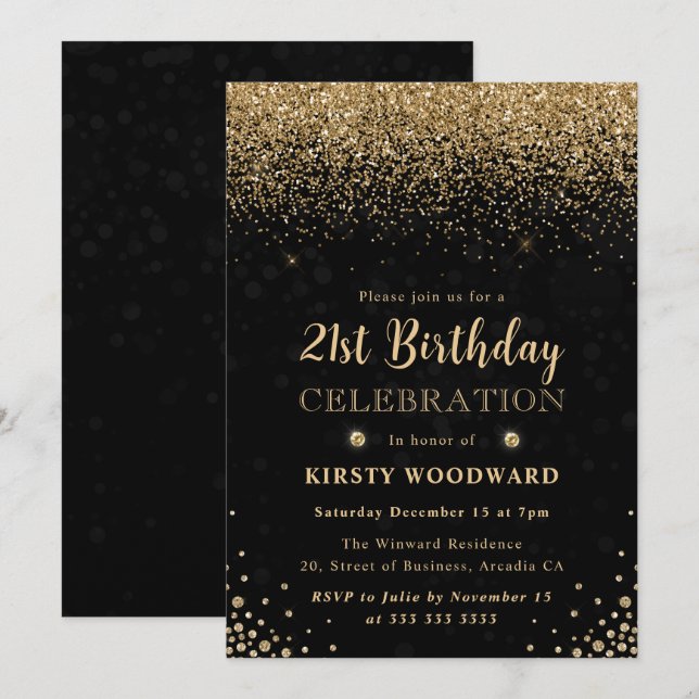 Eleganter Gold Glitzer und Diamanten 21. Geburtsta Einladung (Vorne/Hinten)