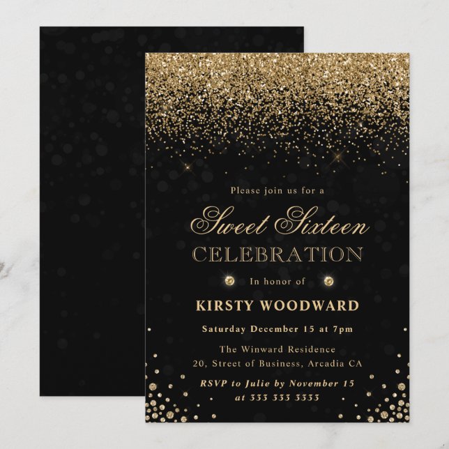Eleganter Gold Glitzer und Diamonds 16 . Geburtsta Einladung (Vorne/Hinten)
