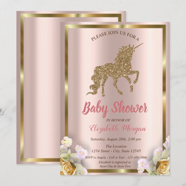 Eleganter Gold Glitzer Unicorn Blumenspülung in Einladung (Vorne/Hinten)