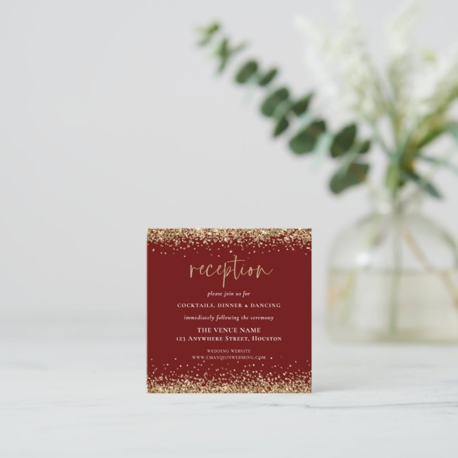 Eleganter Gold Glitzer Wedding Reception Burgundy Begleitkarte (Stehend Vorderseite)
