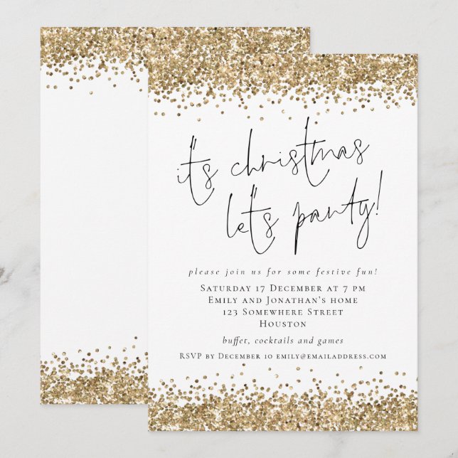 Eleganter Gold Glitzer Weihnachten Lasse Party Einladung (Vorne/Hinten)