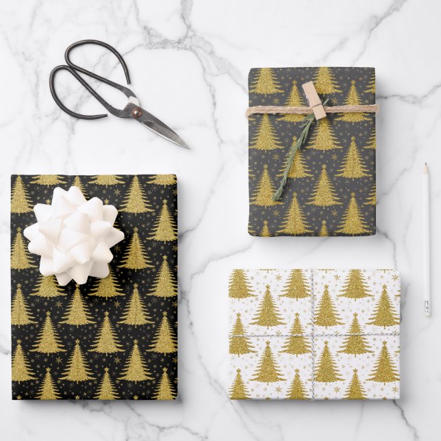 Eleganter Gold Glitzer Weihnachtsbaum Muster Geschenkpapier Set (Vorderseite)