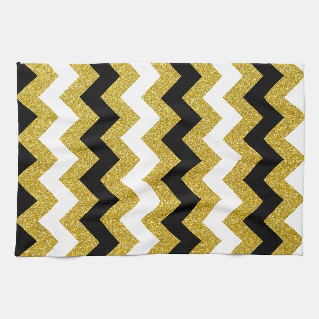 Eleganter Gold Glitzer White Black Zickzack Geschirrtuch (Horizontal)