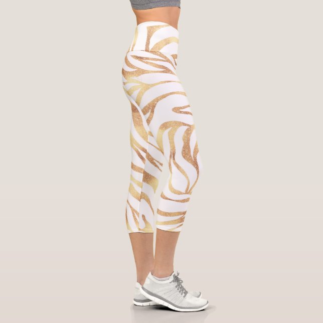 Eleganter Gold Glitzer Zebra White Animal Print Capri Leggings (Rechts)