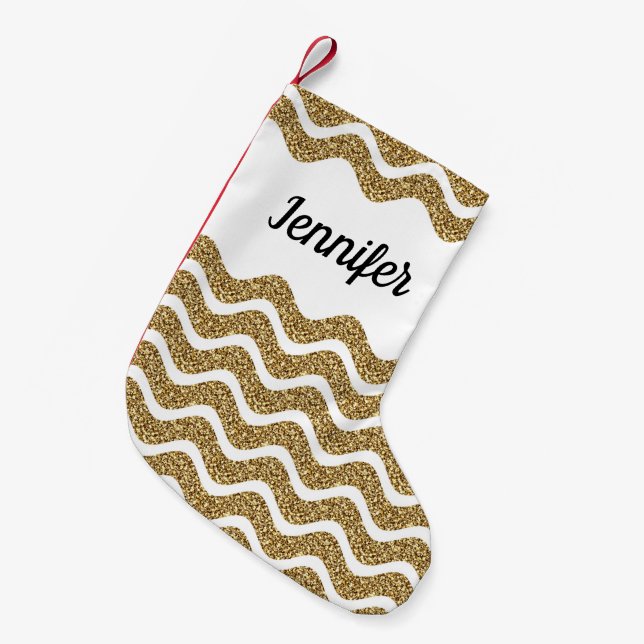 Eleganter Gold Glitzer Zickzack Streifen Name Kleiner Weihnachtsstrumpf (Vorderansicht (hängend))