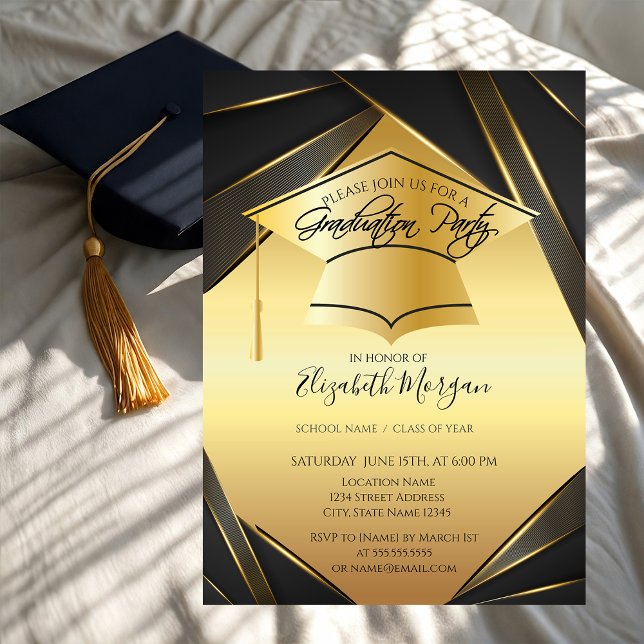 Eleganter Gold Grad Cap Black Gold Abschluss Einladung (Von Creator hochgeladen)