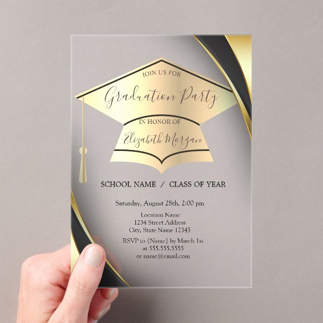 Eleganter Gold Graduation Cap Frame Black Abschlus Acryleinladungen (Insitu (Handheld))