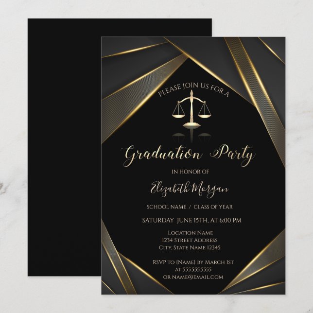 Eleganter Gold Justice Scale Black Abschluss Einladung (Vorne/Hinten)