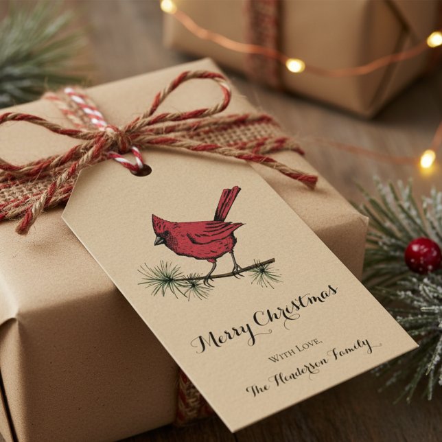 Eleganter Gold Kardinal Bird Weihnachten Geschenkanhänger (Modern Single Red Cardinal Bird with Editable Merry Christmas and Family Name. Gold Xmas Gift Tags)