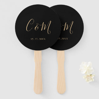 Eleganter Gold Monogram Black Wedding Hand Fan Fächer