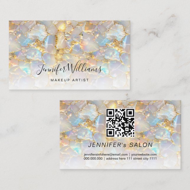 Eleganter Gold Opal Stone QR Code Salon Visitenkarte (Vorne/Hinten)