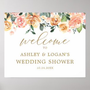 Eleganter Gold Peach Floral Polterabend Willkommen Poster