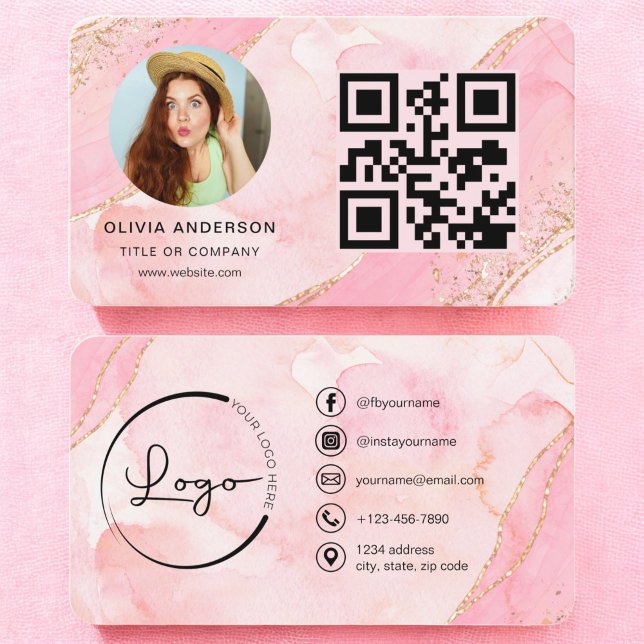 Eleganter Gold Pink Glitzer QR Code Modernes Foto Visitenkarte (Von Creator hochgeladen)