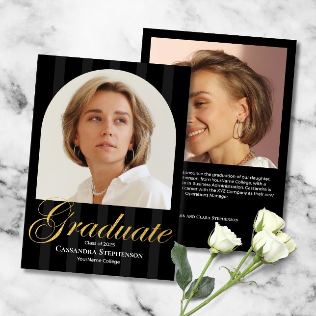 Eleganter Gold Script 2 Foto Custom Abschluss Ankündigung (Elegant Gold Script 2-Photo Custom Graduation Announcement with faux gold leaf, tuxedo stripes.)