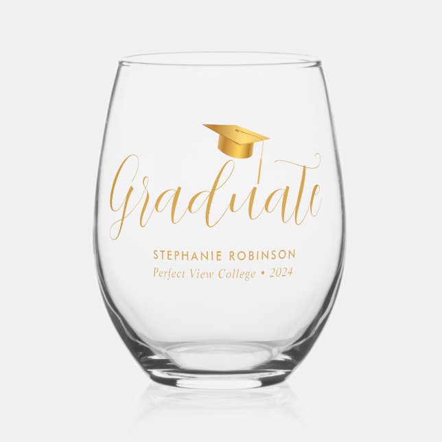 Eleganter Gold Script-Abschluss Weinglas Ohne Stiel (Vorderseite)