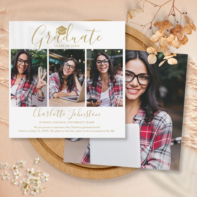 Eleganter Gold Script Graduate 4 Foto Abschluss Ankündigung (Elegant Gold Script Graduate 4 Photo Graduation Announcement)