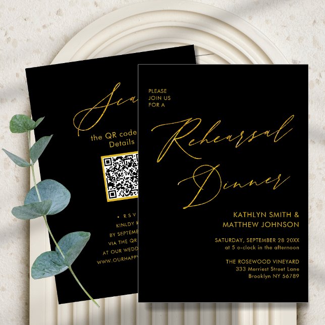 Eleganter Gold Script Gray Probe Dinner QR Code Einladung (Von Creator hochgeladen)