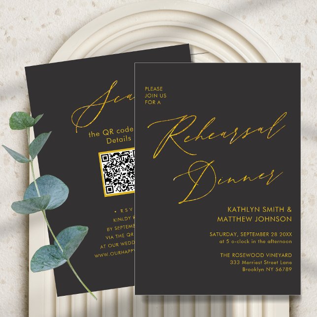 Eleganter Gold Script Gray Probe Dinner QR Code Einladung (Von Creator hochgeladen)