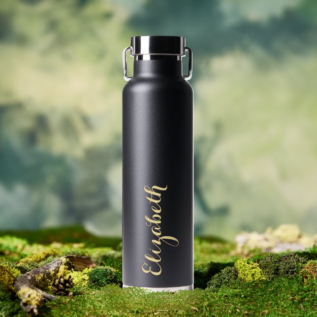 Eleganter Gold Script Individuelle Name Mit Monogr Trinkflasche (Elegant Gold Script Custom Name Monogrammed Black Water Bottle)
