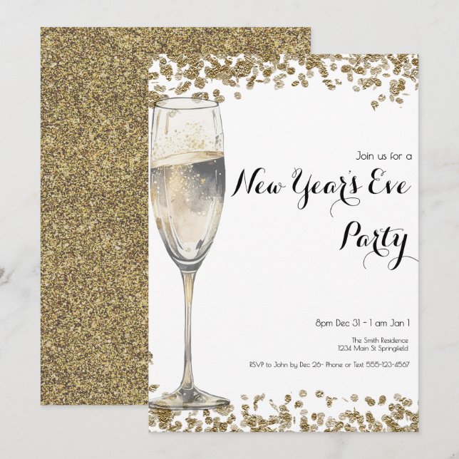 Eleganter Gold Sequins Silvester Champagne Einladung (Vorne/Hinten)