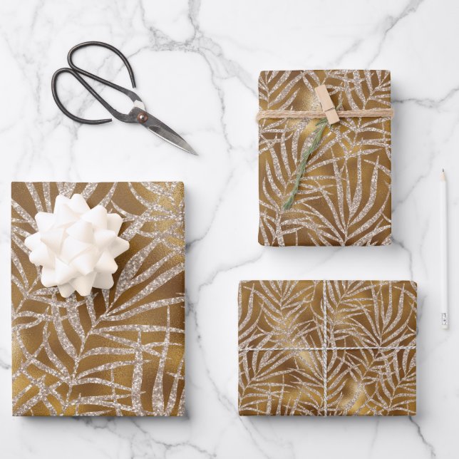 Eleganter Gold Silver Glitzer Abstrakt Foliage Geschenkpapier Set (Vorderseite)