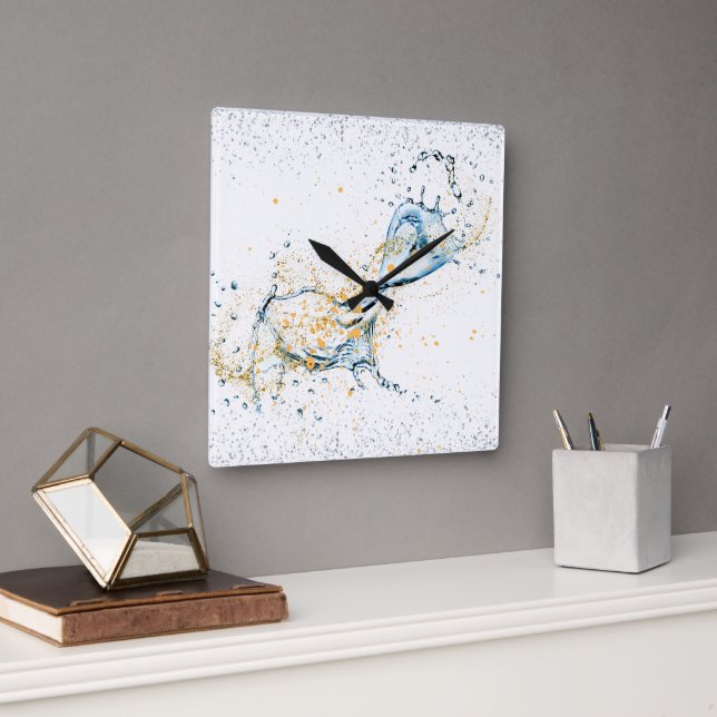 Eleganter Gold & Silver Water Splash Quadratische Wanduhr (Büro)