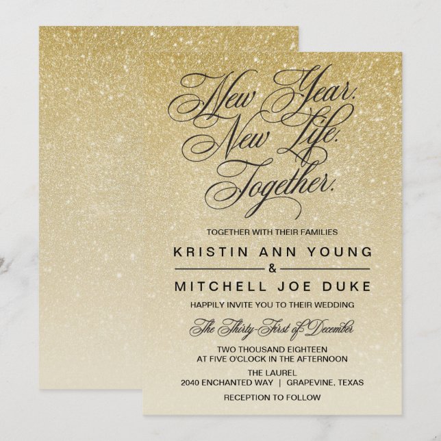 Eleganter Gold Silvester Hochzeit Einladung (Vorne/Hinten)