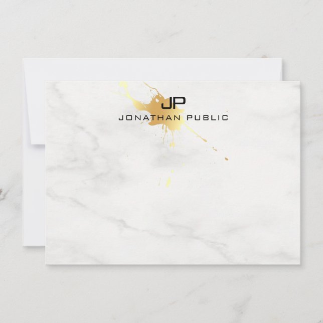 Eleganter Gold Splash Modern Monogram White Marmor Mitteilungskarte (Vorderseite)