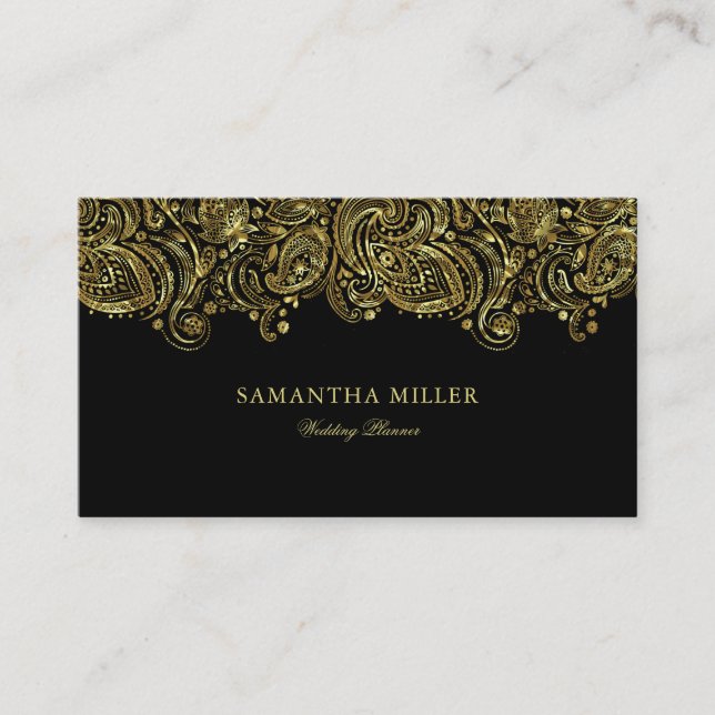 Eleganter Gold- und Black Paisley-Hochzeitsplaner Visitenkarte (Vorderseite)