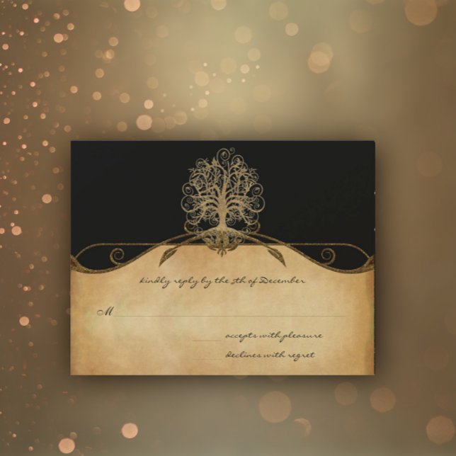 Eleganter Gold- und Black Tree Wedding RSVP Karte (Von Creator hochgeladen)
