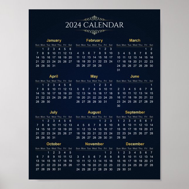 Eleganter Gold- und Blue-2024-Kalender | Poster (Vorne)