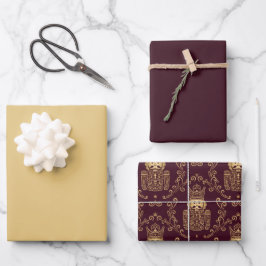 Eleganter Gold- und Burgunder-Weihnachtsnussknacke Geschenkpapier Set