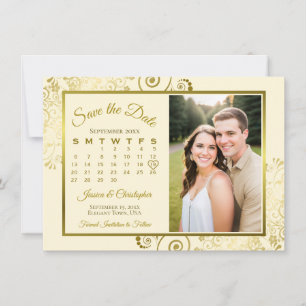 Eleganter Gold- und Creme-Kalender- und Foto-Hochz Save The Date