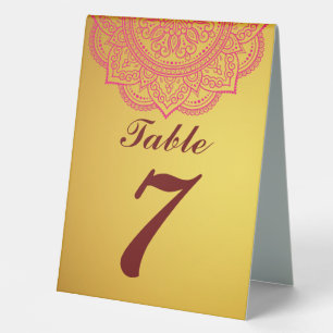Eleganter Gold- und REd Indian Paisley Wedding Tab Tischaufsteller