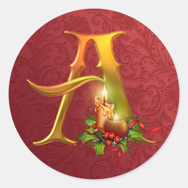 Eleganter Gold und Red Monogram Weihnachtsaufklebe Runder Aufkleber (Vorderseite)