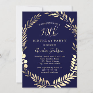Eleganter Gold Watercolor Wreath 90. Geburtstag Einladung